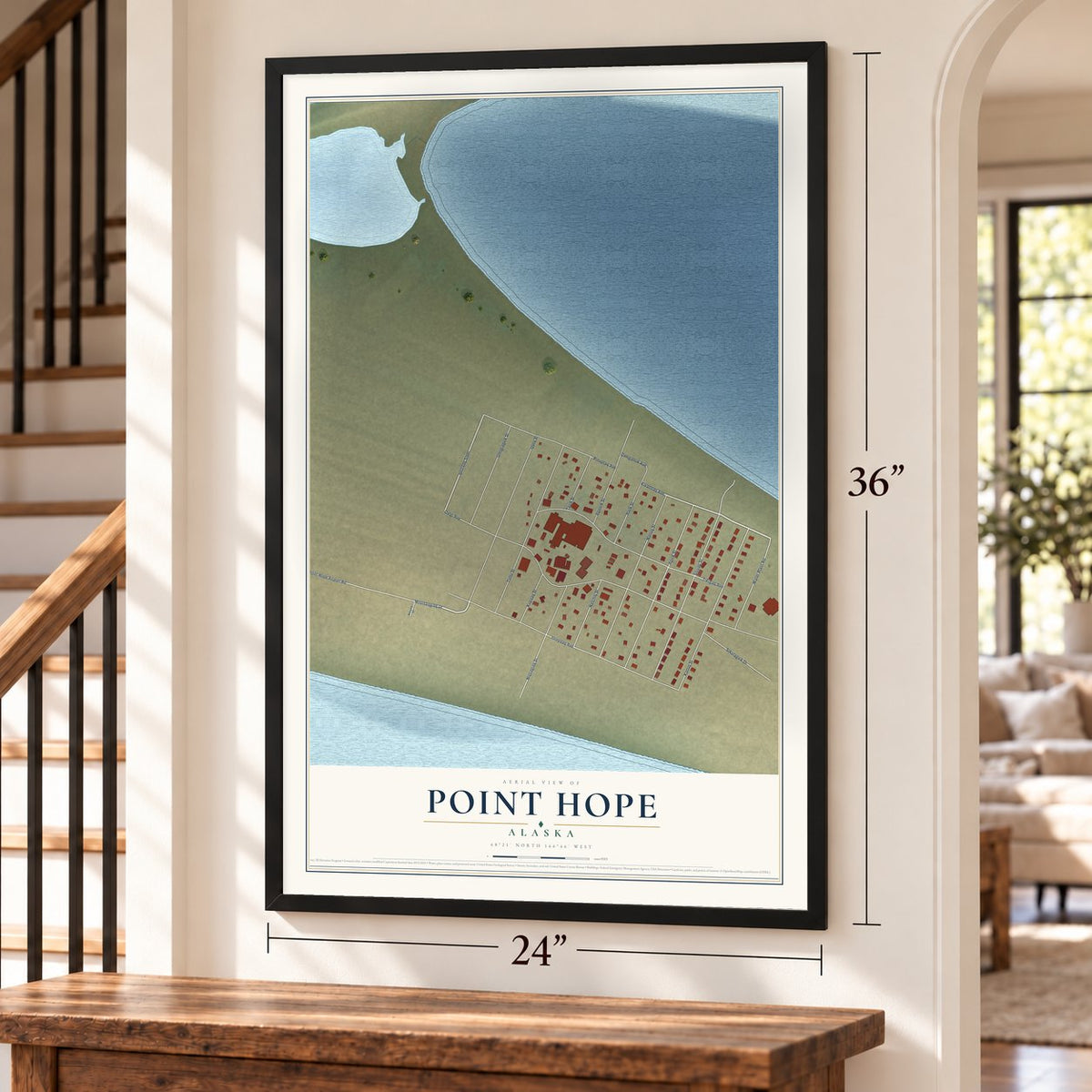 Point Hope, Alaska map, 24 x 36 inch print in a black frame by a staircase