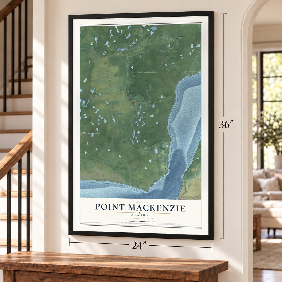 Point MacKenzie, Alaska map, 24 x 36 inch print in a black frame by a staircase