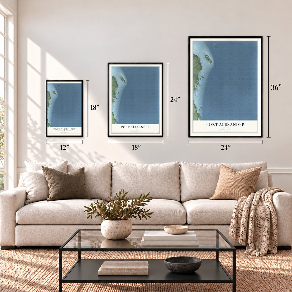 Port Alexander, Alaska map in 12 x 18, 18 x 24 and 24 x 36 inch sizes above a sofa