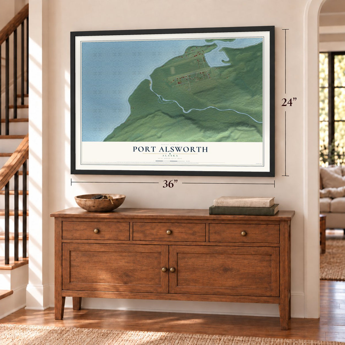 Port Alsworth, Alaska map, 24 x 36 inch print in a black frame above a dresser by a staircase