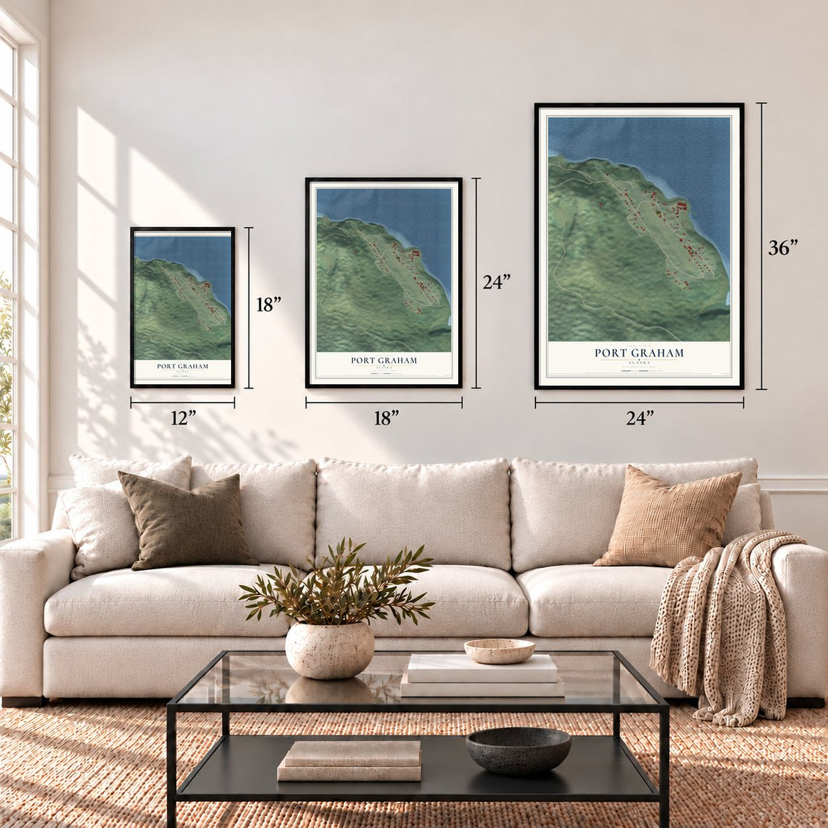 Port Graham, Alaska map in 12 x 18, 18 x 24 and 24 x 36 inch sizes above a sofa