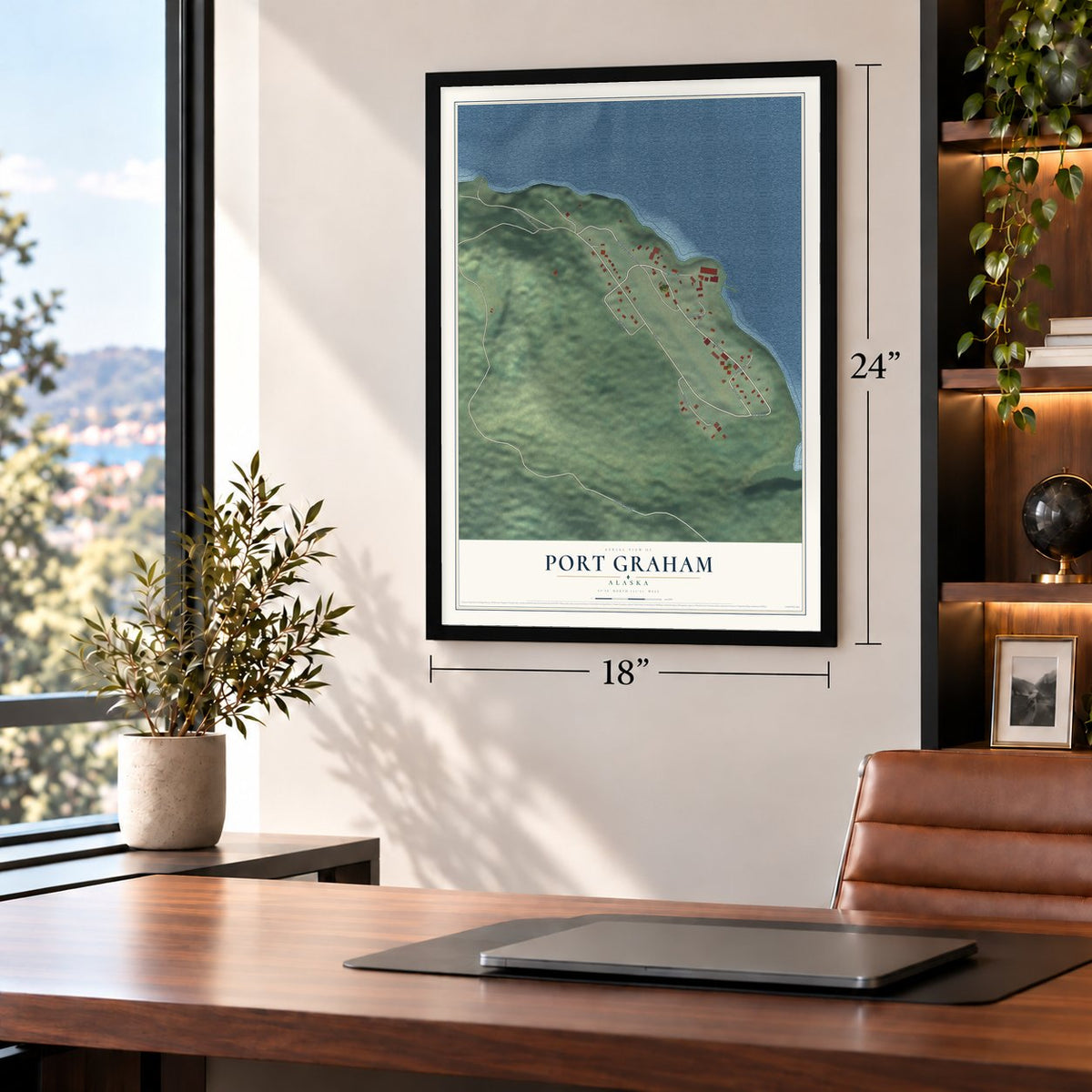 Port Graham, Alaska map, 18 x 24 inch print in a black frame in a home office