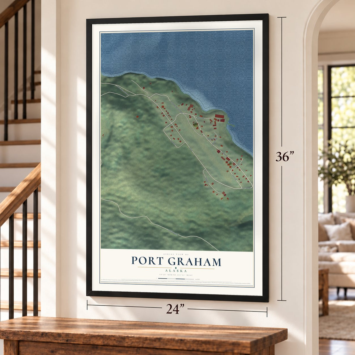Port Graham, Alaska map, 24 x 36 inch print in a black frame by a staircase
