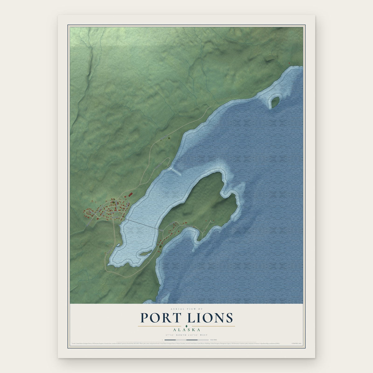 Port Lions, Alaska map print, the full design