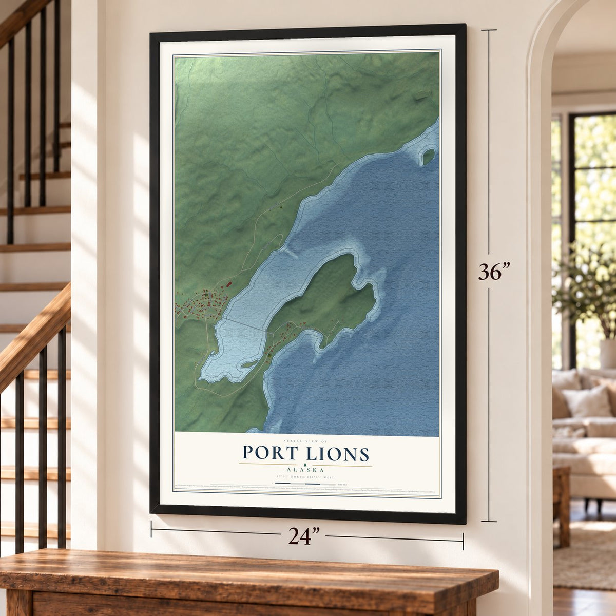 Port Lions, Alaska map, 24 x 36 inch print in a black frame by a staircase