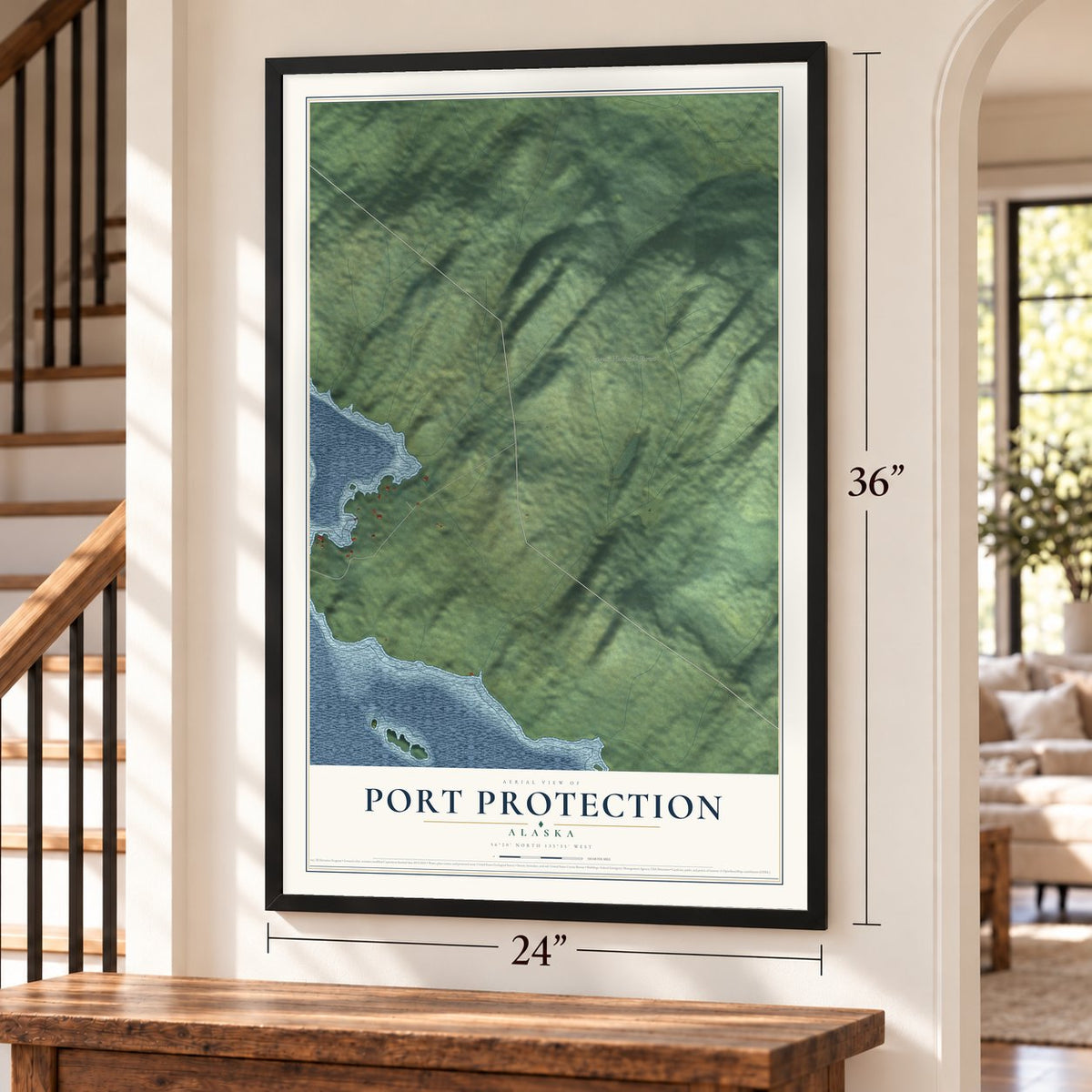 Port Protection, Alaska map, 24 x 36 inch print in a black frame by a staircase