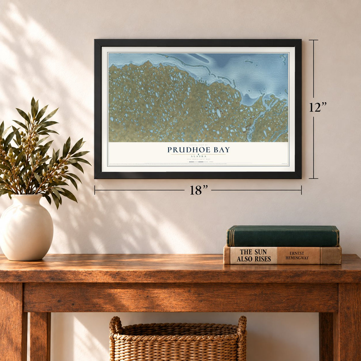 Prudhoe Bay, Alaska map, 12 x 18 inch print in a black frame in an entryway