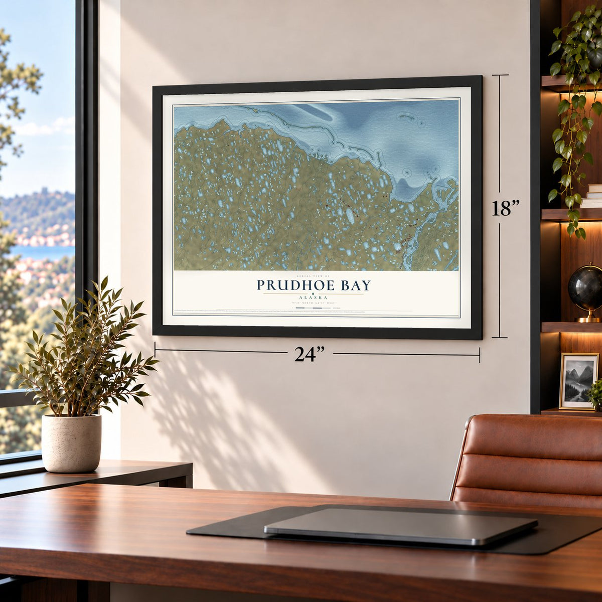 Prudhoe Bay, Alaska map, 18 x 24 inch print in a black frame in a home office