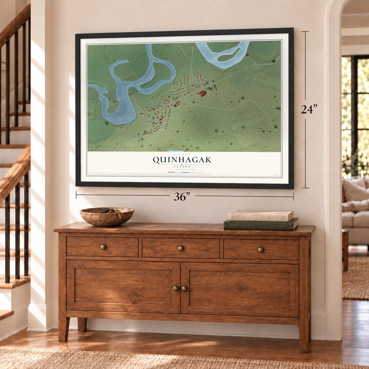 Quinhagak, Alaska map, 24 x 36 inch print in a black frame above a dresser by a staircase