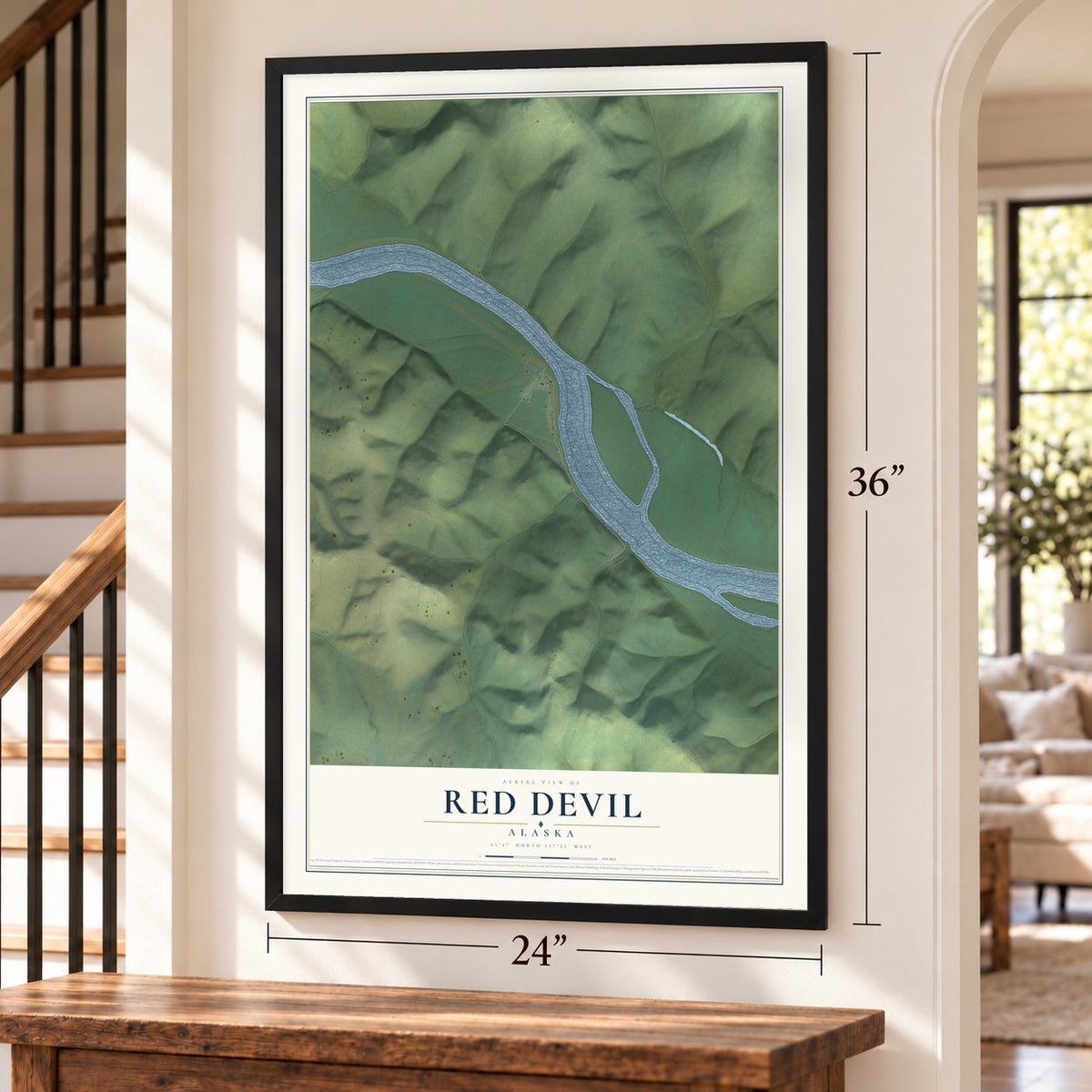 Red Devil, Alaska map, 24 x 36 inch print in a black frame by a staircase
