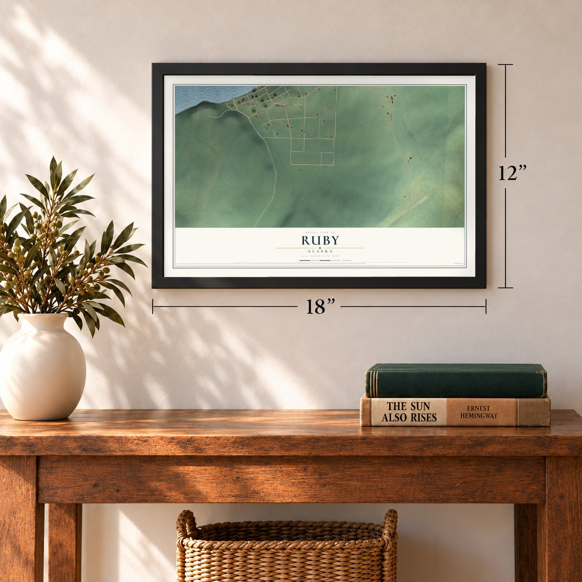 Ruby, Alaska map, 12 x 18 inch print in a black frame in an entryway