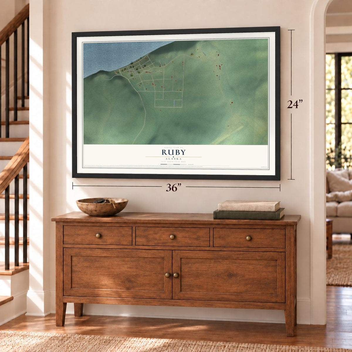 Ruby, Alaska map, 24 x 36 inch print in a black frame above a dresser by a staircase