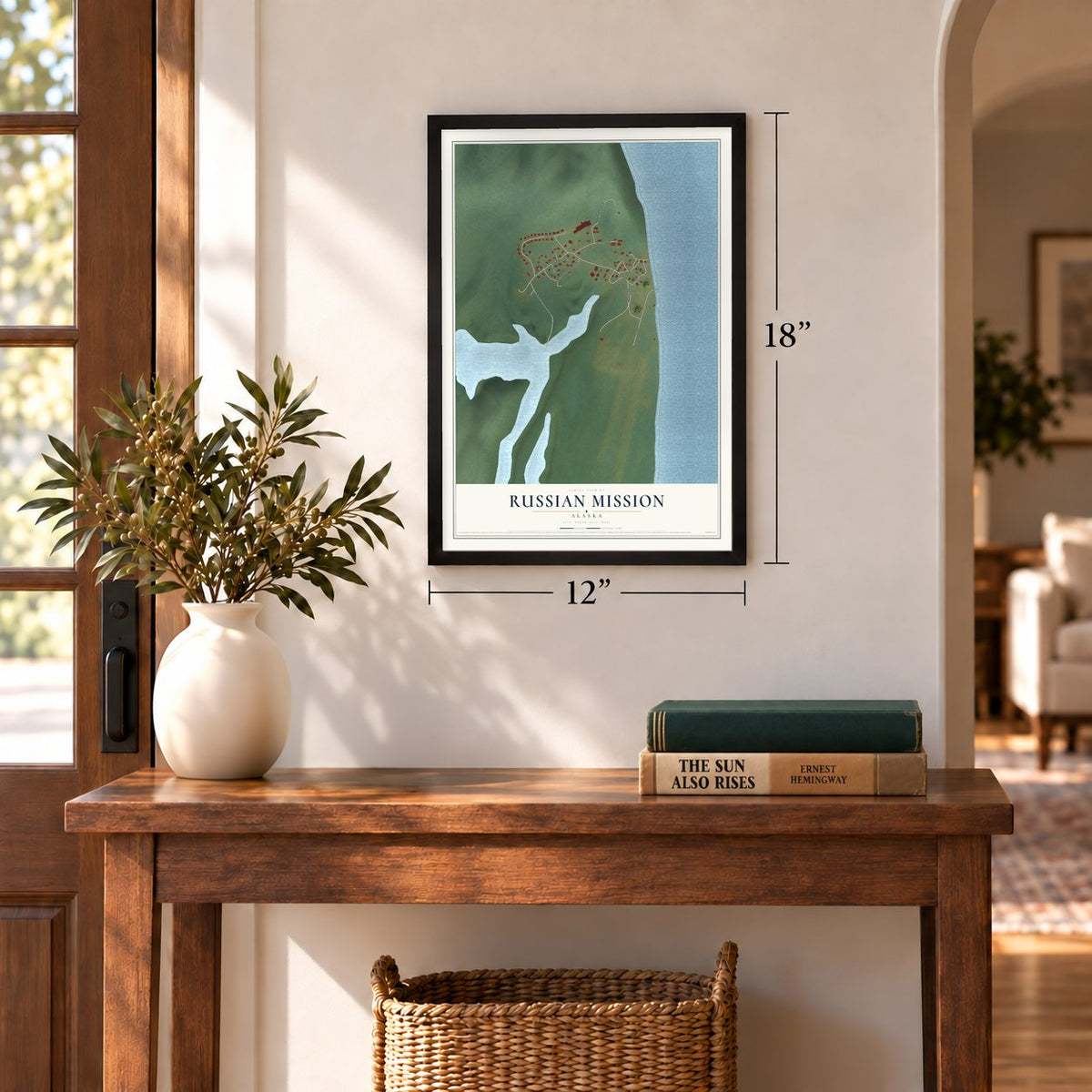 Russian Mission, Alaska map, 12 x 18 inch print in a black frame in an entryway