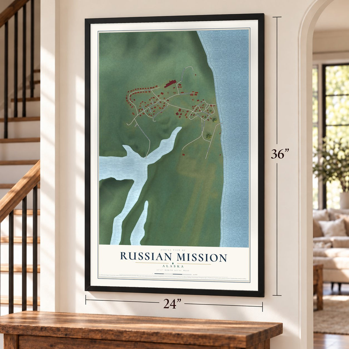 Russian Mission, Alaska map, 24 x 36 inch print in a black frame by a staircase