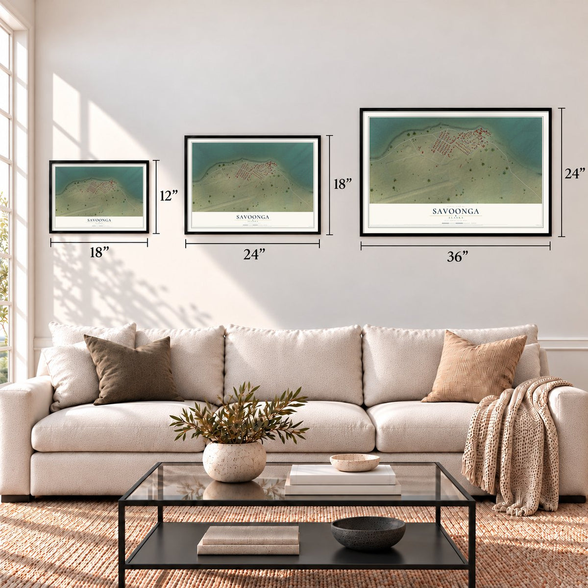 Savoonga, Alaska map in 12 x 18, 18 x 24 and 24 x 36 inch sizes above a sofa