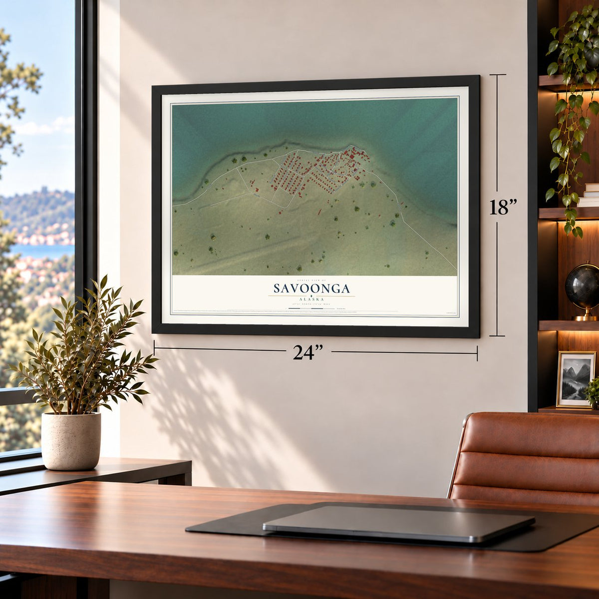 Savoonga, Alaska map, 18 x 24 inch print in a black frame in a home office