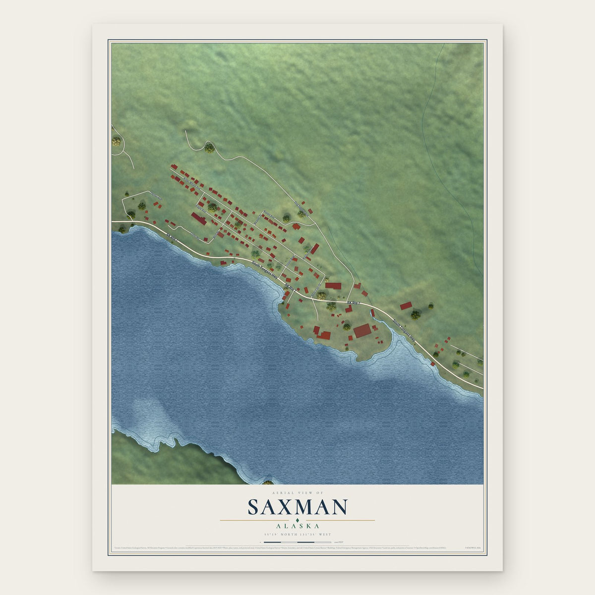 Saxman, Alaska map print, the full design