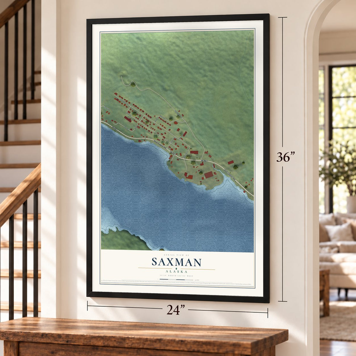 Saxman, Alaska map, 24 x 36 inch print in a black frame by a staircase
