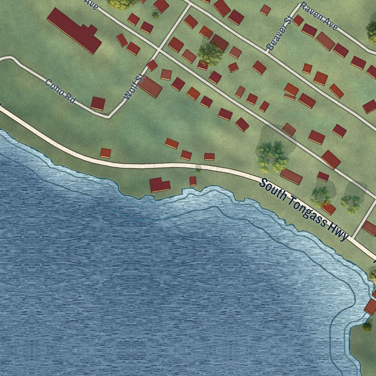Close-up of the map of Saxman, Alaska print showing street and building detail