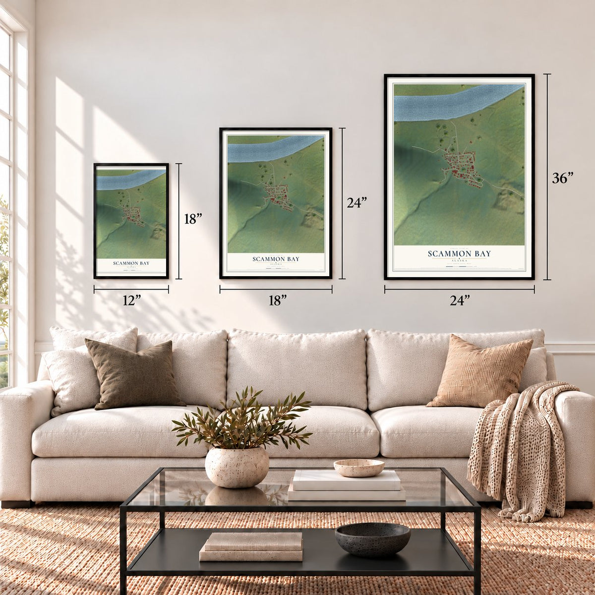 Scammon Bay, Alaska map in 12 x 18, 18 x 24 and 24 x 36 inch sizes above a sofa