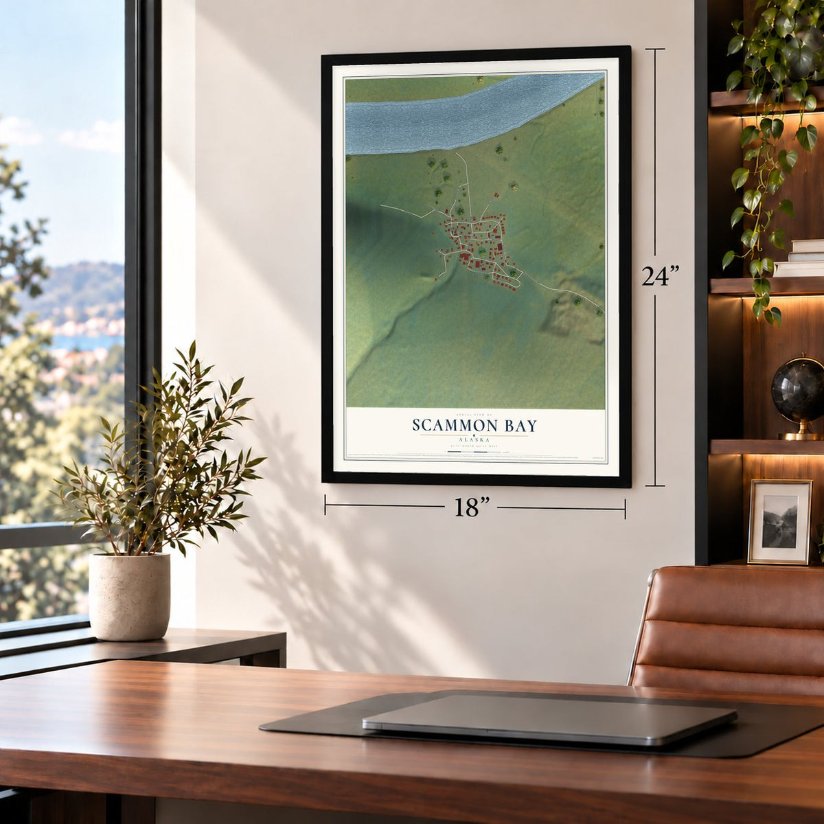 Scammon Bay, Alaska map, 18 x 24 inch print in a black frame in a home office