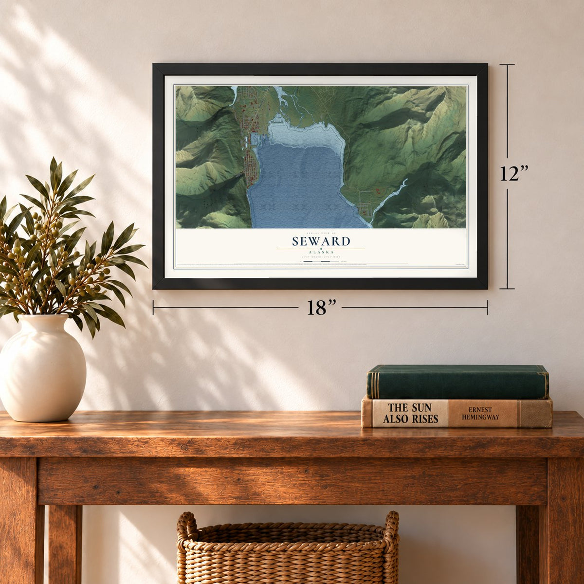 Seward, Alaska map, 12 x 18 inch print in a black frame in an entryway