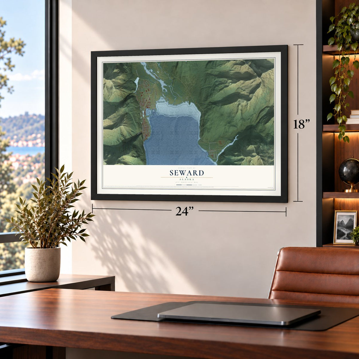 Seward, Alaska map, 18 x 24 inch print in a black frame in a home office