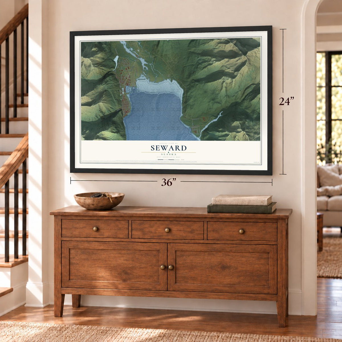 Seward, Alaska map, 24 x 36 inch print in a black frame above a dresser by a staircase