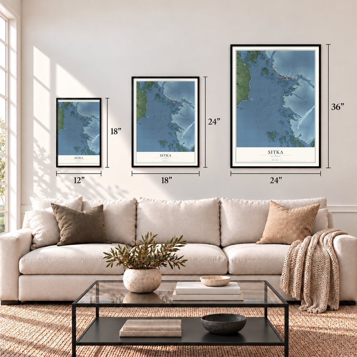 Sitka, Alaska map in 12 x 18, 18 x 24 and 24 x 36 inch sizes above a sofa