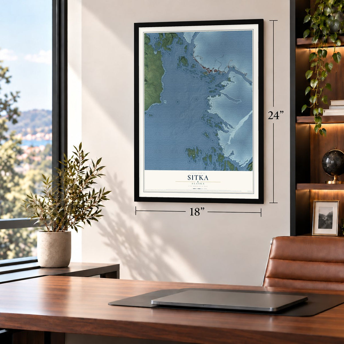 Sitka, Alaska map, 18 x 24 inch print in a black frame in a home office