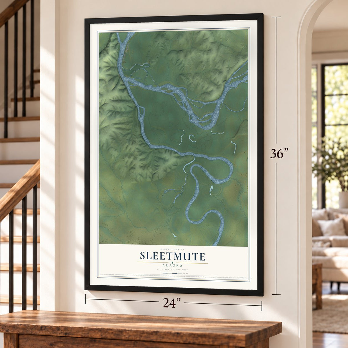 Sleetmute, Alaska map, 24 x 36 inch print in a black frame by a staircase