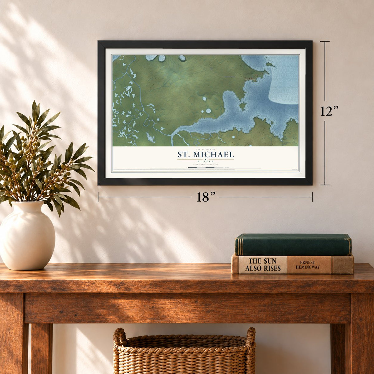St. Michael, Alaska map, 12 x 18 inch print in a black frame in an entryway