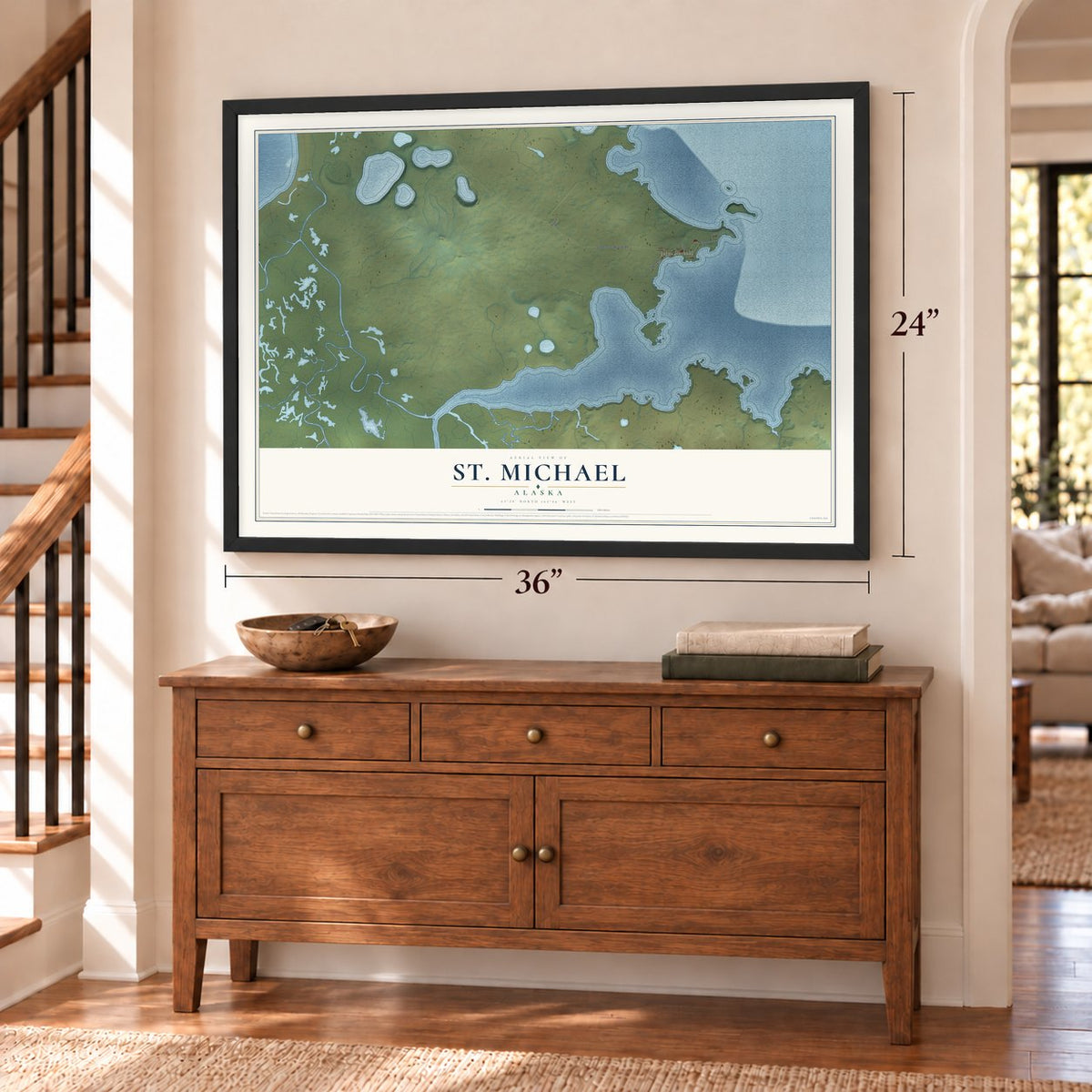 St. Michael, Alaska map, 24 x 36 inch print in a black frame above a dresser by a staircase