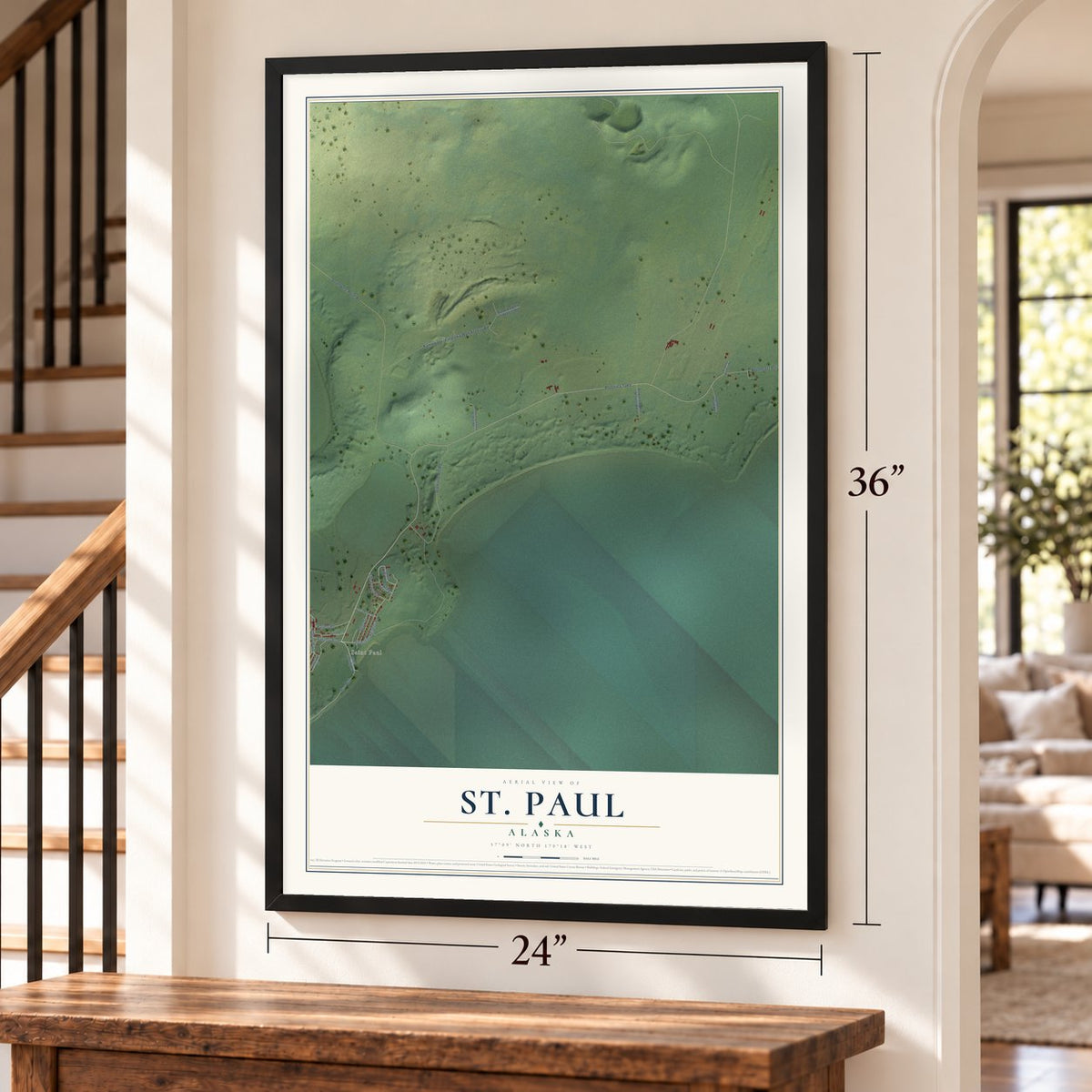 St. Paul, Alaska map, 24 x 36 inch print in a black frame by a staircase
