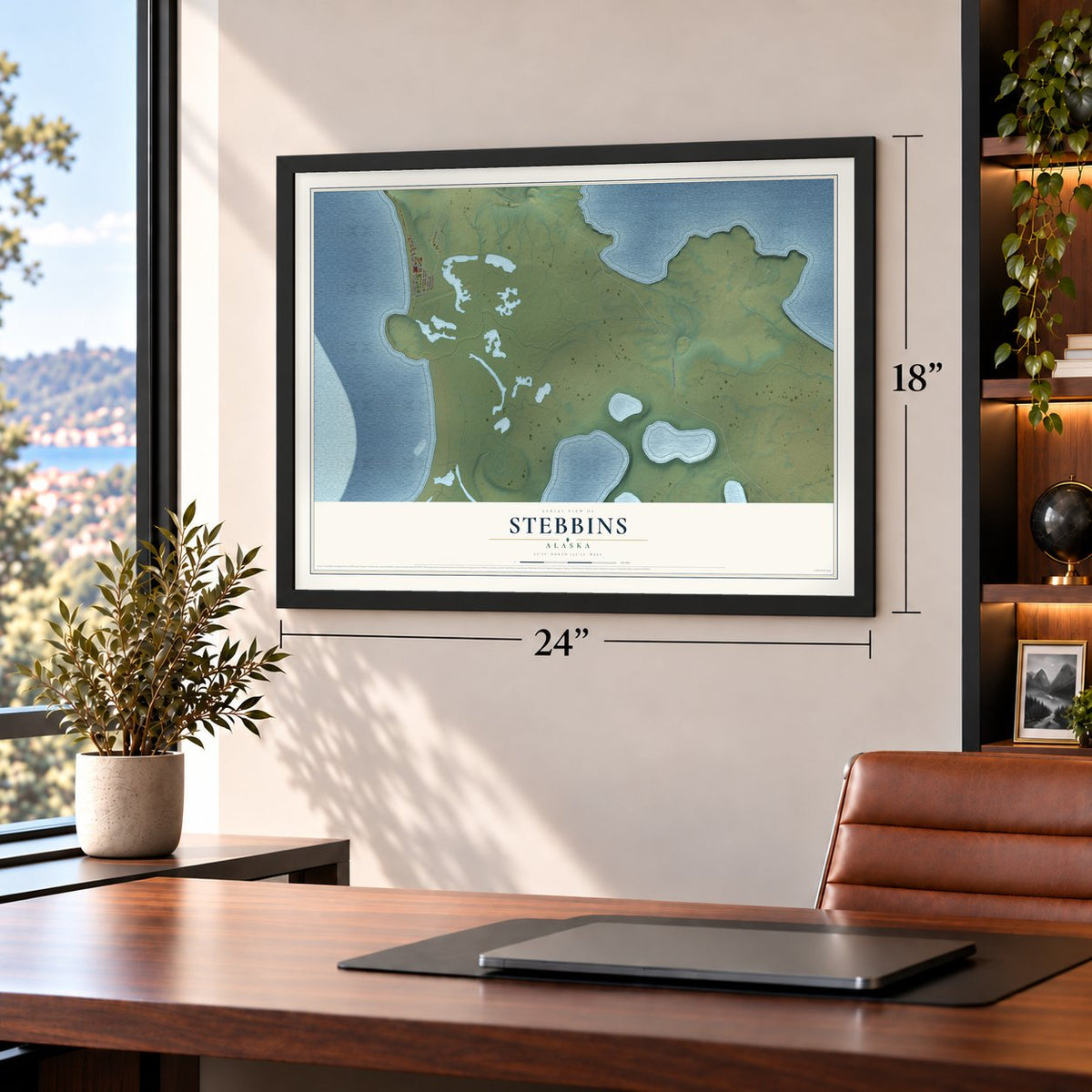 Stebbins, Alaska map, 18 x 24 inch print in a black frame in a home office