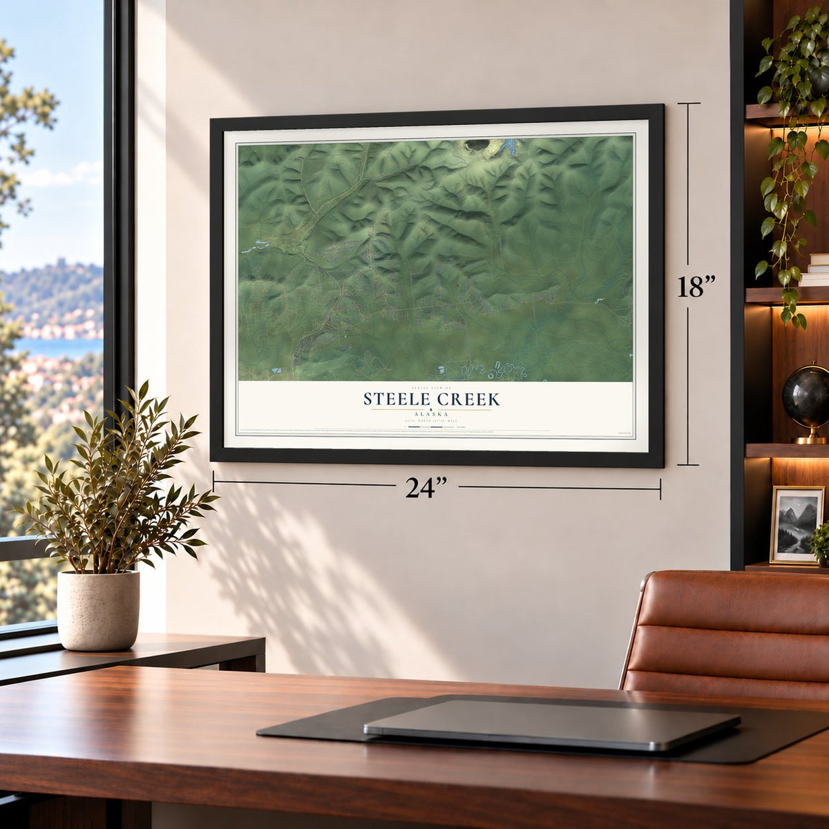 Steele Creek, Alaska map, 18 x 24 inch print in a black frame in a home office