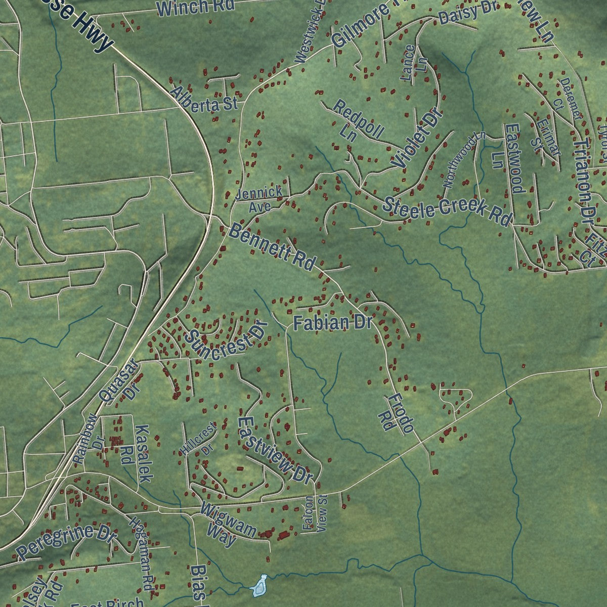 Close-up of the map of Steele Creek, Alaska print showing street and building detail
