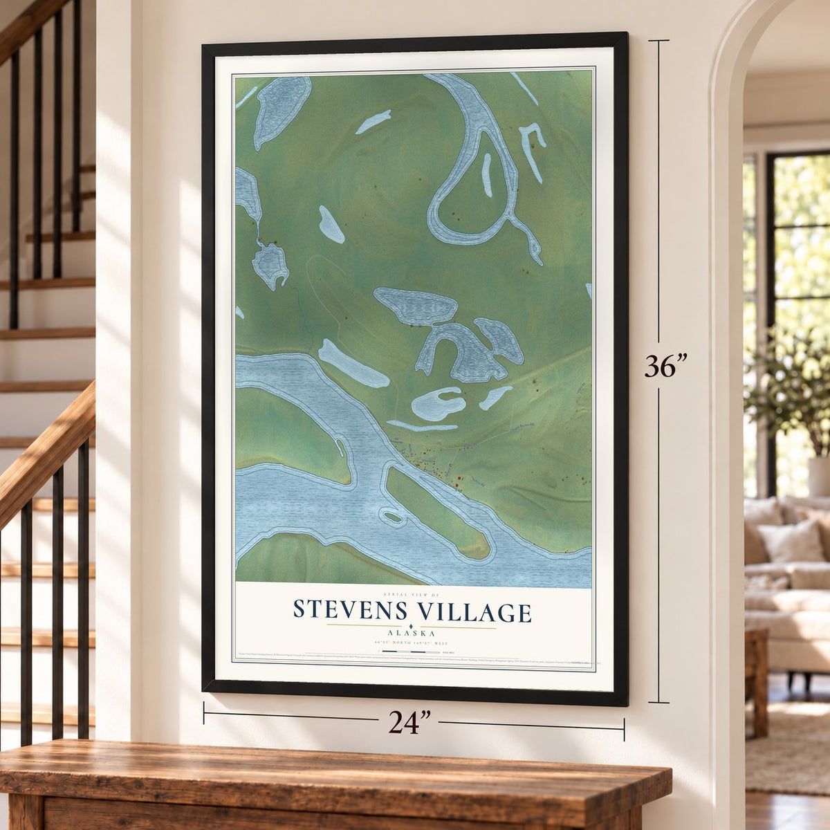 Stevens Village, Alaska map, 24 x 36 inch print in a black frame by a staircase