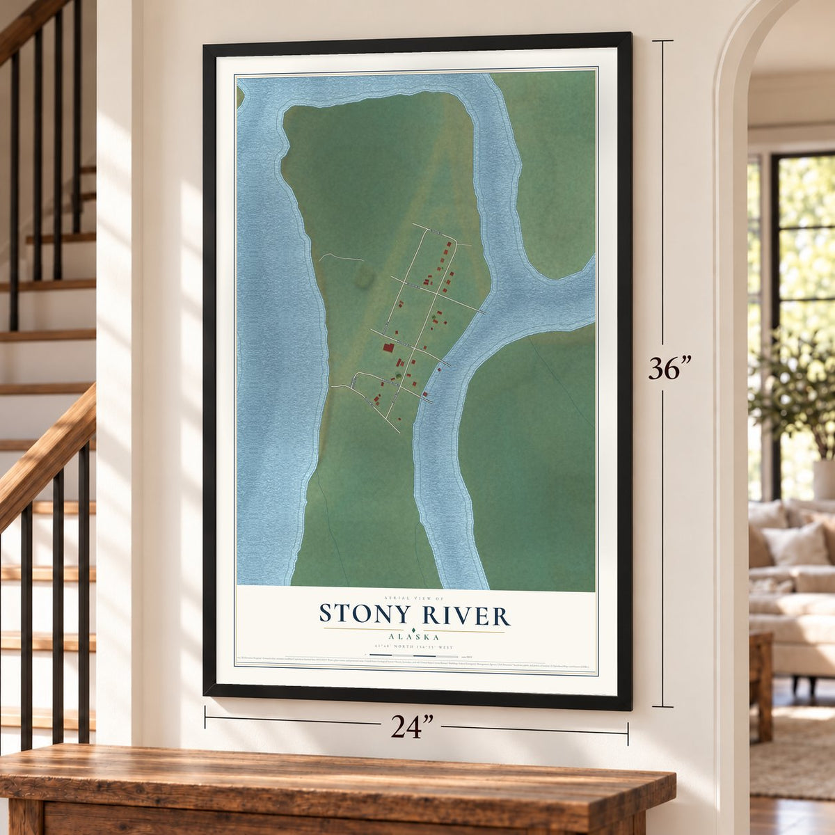 Stony River, Alaska map, 24 x 36 inch print in a black frame by a staircase