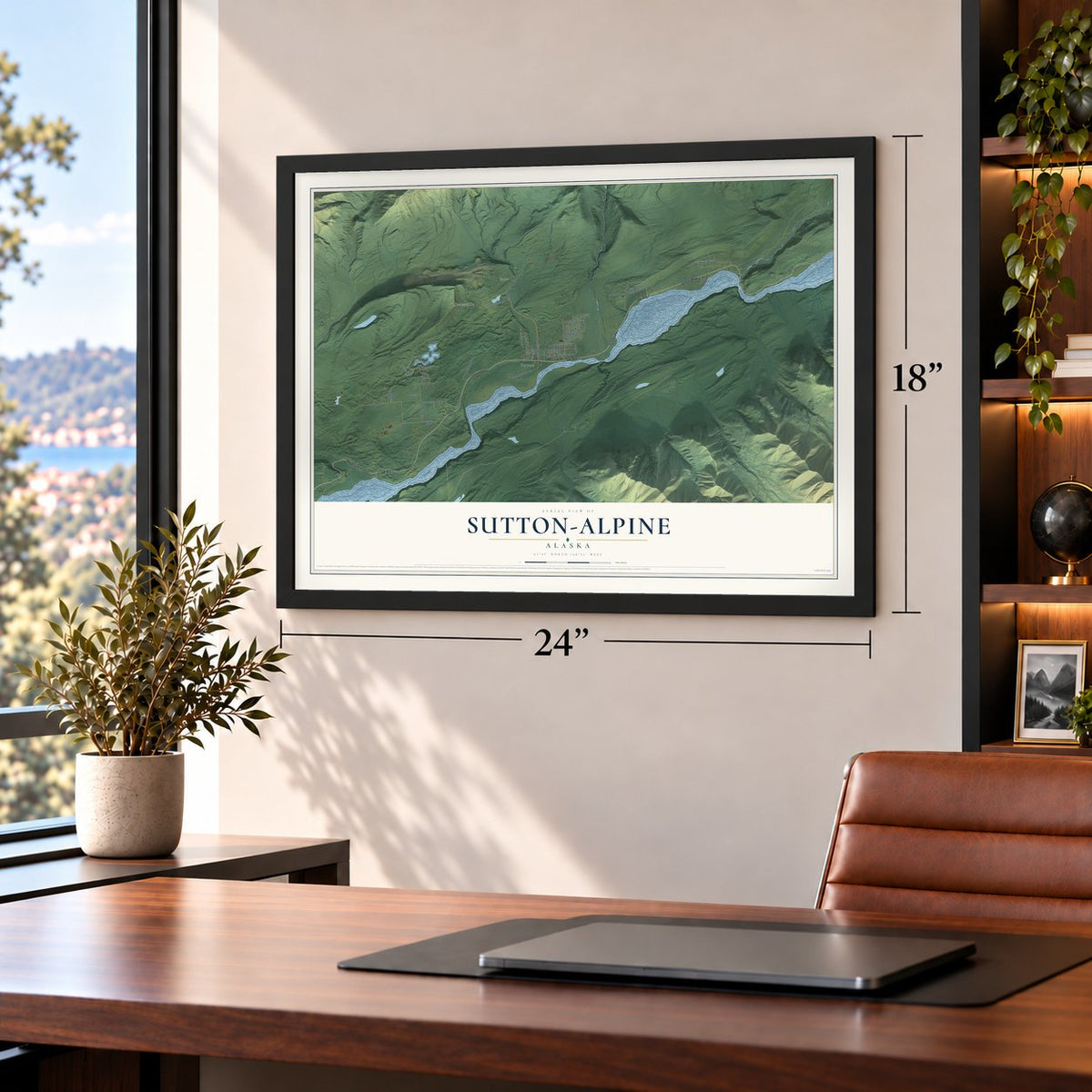 Sutton-Alpine, Alaska map, 18 x 24 inch print in a black frame in a home office