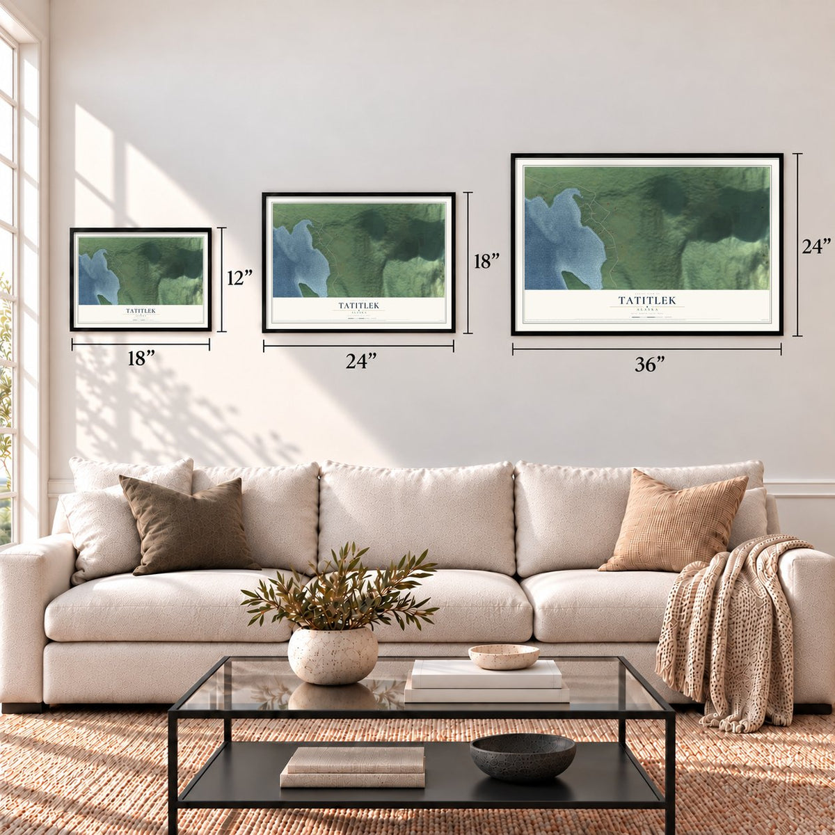 Tatitlek, Alaska map in 12 x 18, 18 x 24 and 24 x 36 inch sizes above a sofa