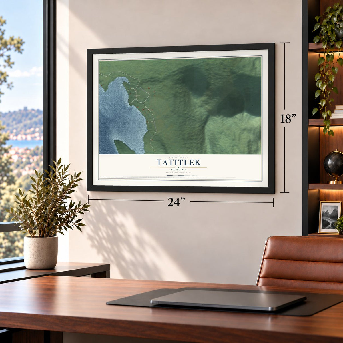 Tatitlek, Alaska map, 18 x 24 inch print in a black frame in a home office