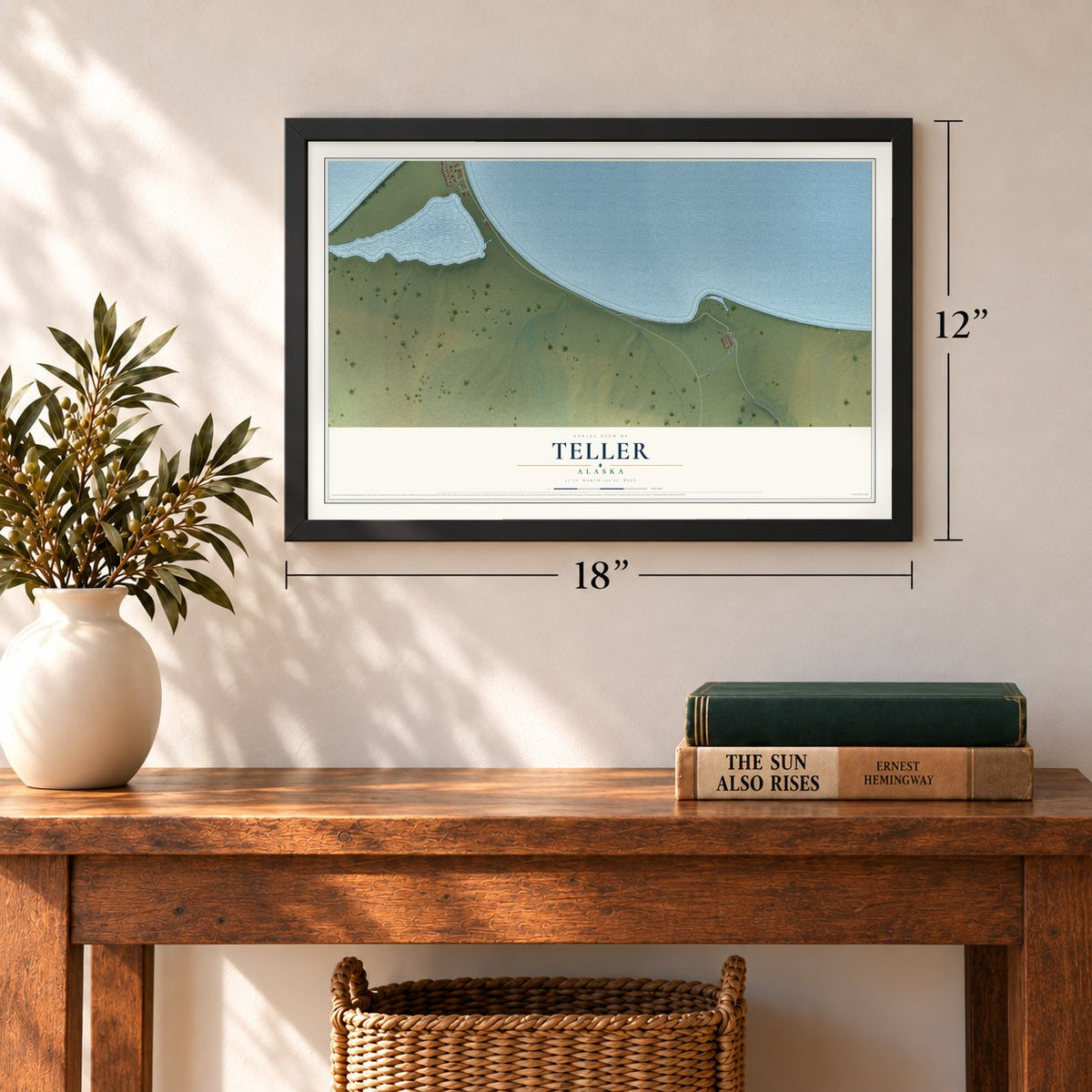 Teller, Alaska map, 12 x 18 inch print in a black frame in an entryway