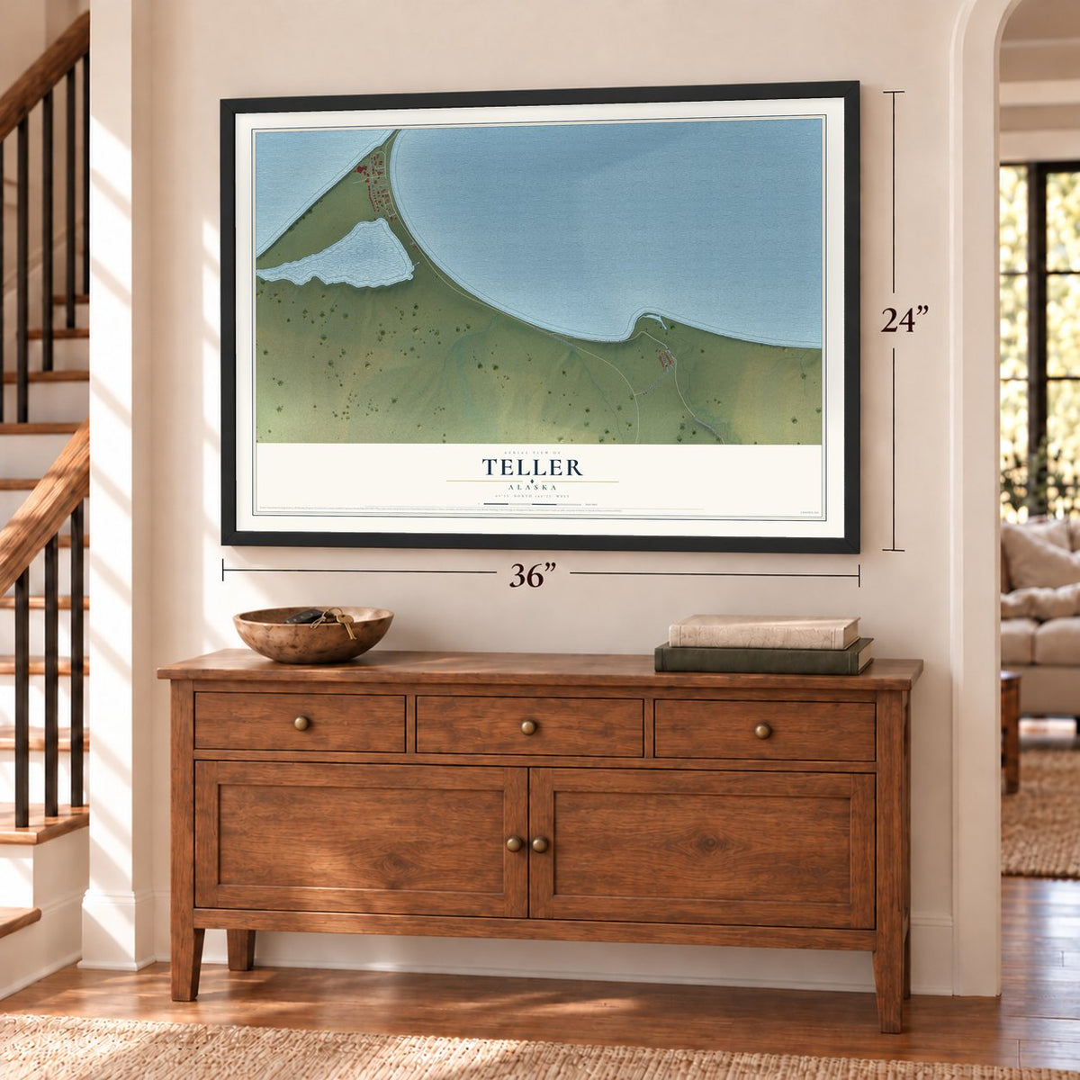 Teller, Alaska map, 24 x 36 inch print in a black frame above a dresser by a staircase