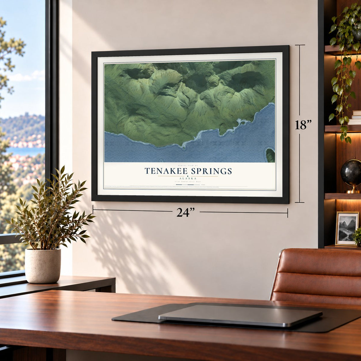 Tenakee Springs, Alaska map, 18 x 24 inch print in a black frame in a home office