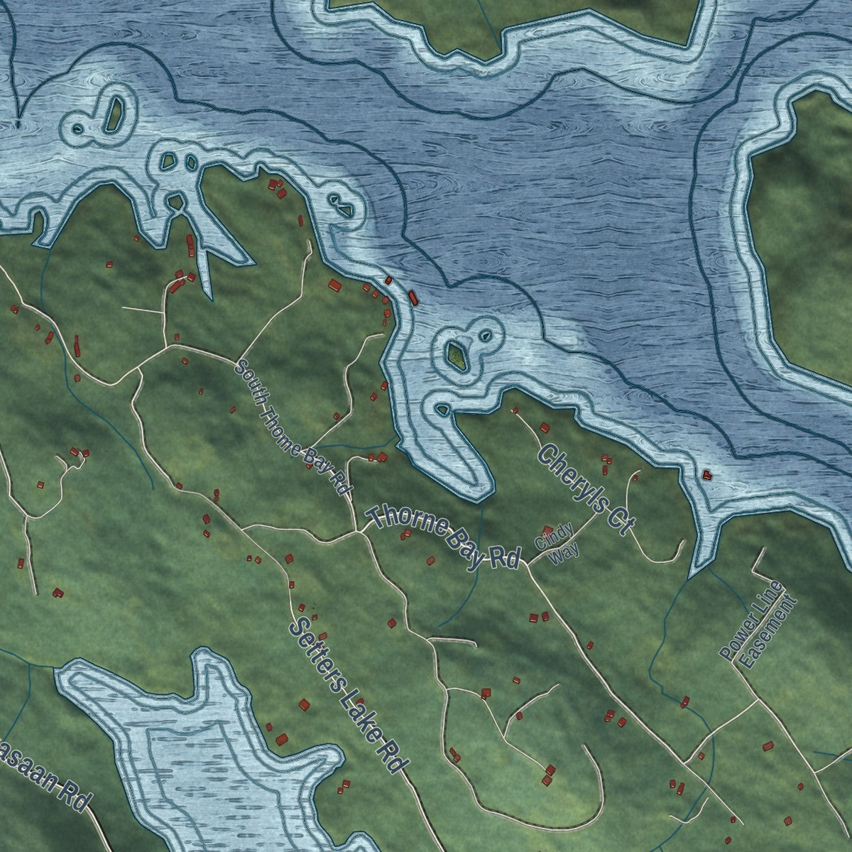 Close-up of the map of Thorne Bay, Alaska print showing street and building detail