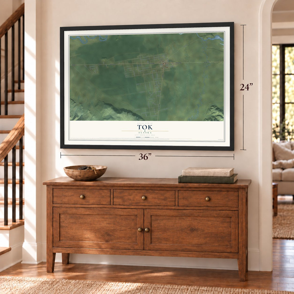 Tok, Alaska map, 24 x 36 inch print in a black frame above a dresser by a staircase