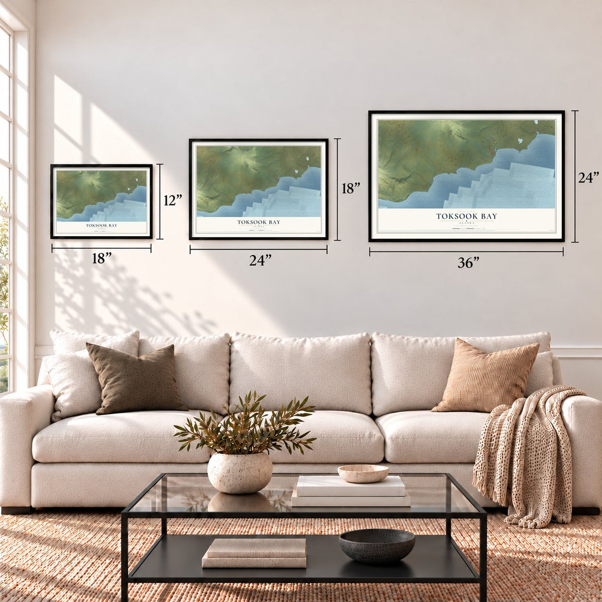 Toksook Bay, Alaska map in 12 x 18, 18 x 24 and 24 x 36 inch sizes above a sofa