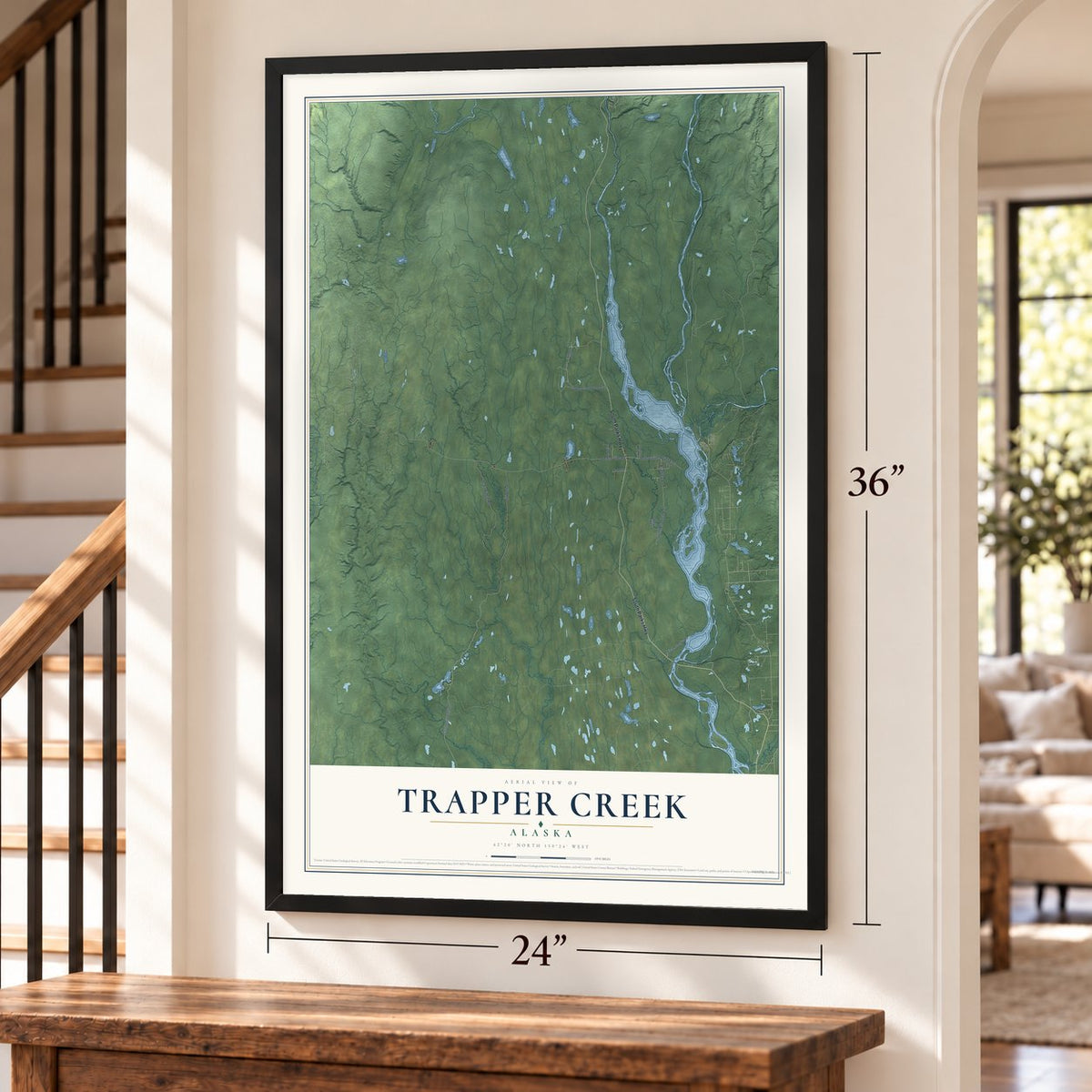 Trapper Creek, Alaska map, 24 x 36 inch print in a black frame by a staircase