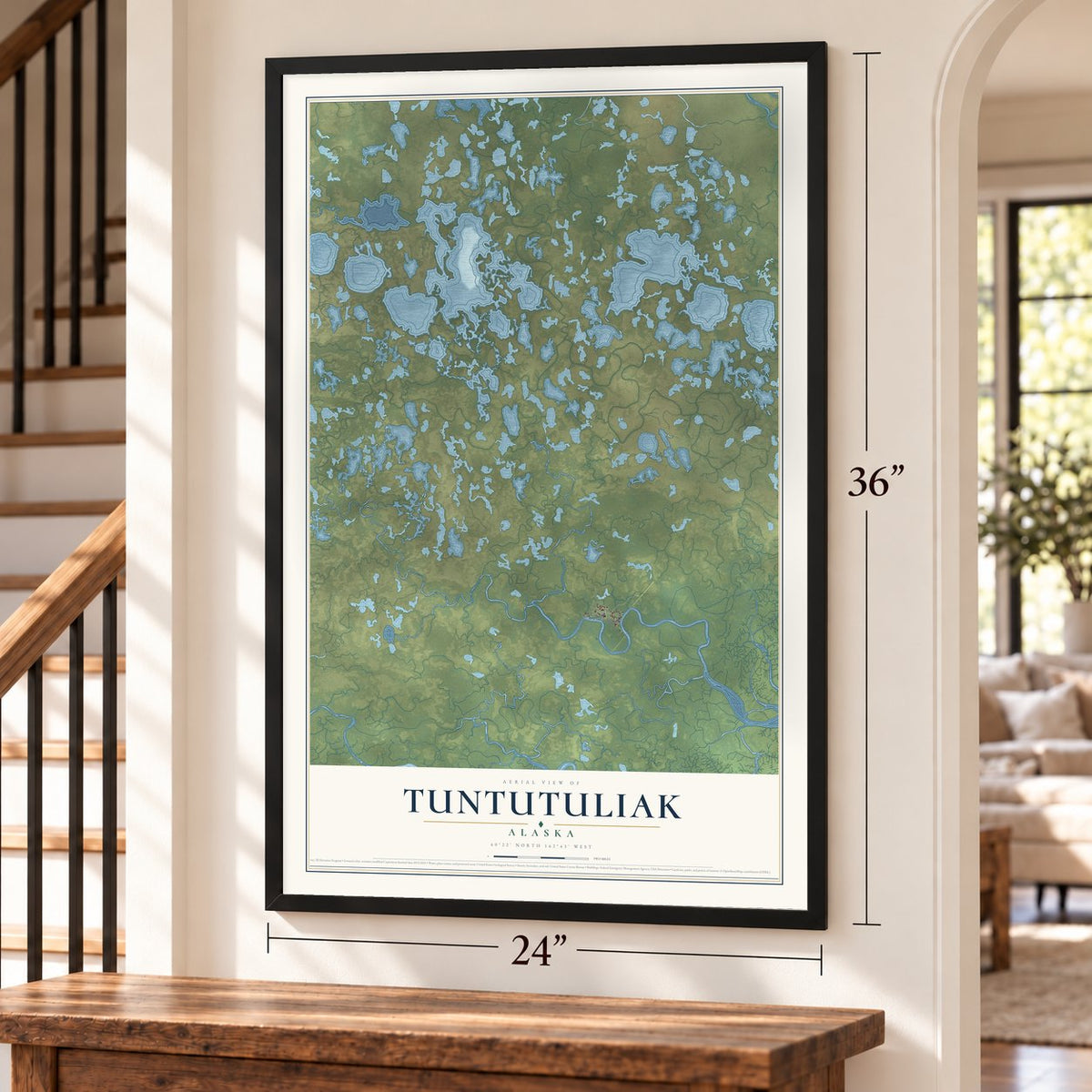 Tuntutuliak, Alaska map, 24 x 36 inch print in a black frame by a staircase